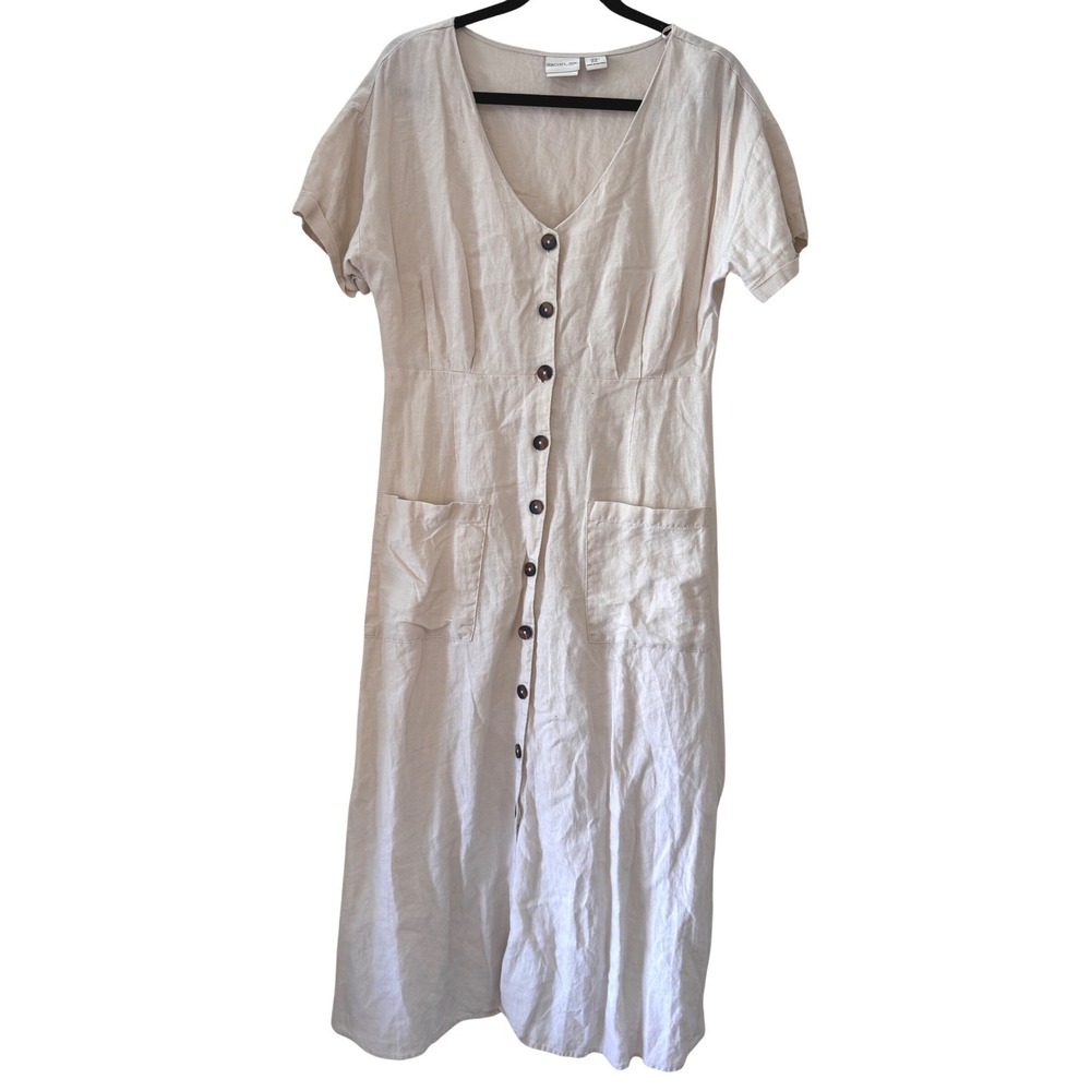 Rachel Zoe Linen Midi Dress Women M Beige Button Up Short Sleeve Earthy Coastal